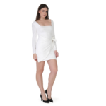 Woman wearing white bodycon wrap mini dress with square neck and full sleeves, stylish party wear outfit for women