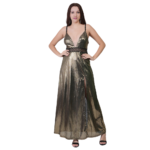 Woman wearing gold shiny deep V-neck sleeveless evening gown slim fit long party dress front view