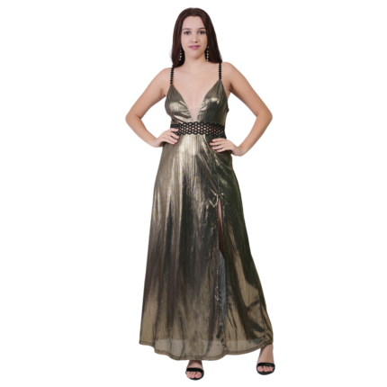 Woman wearing gold shiny deep V-neck sleeveless evening gown slim fit long party dress front view