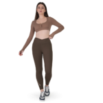 Woman wearing coffee color activewear co-ord set with full sleeve crop top and high waist leggings, stylish gym and workout outfit for women