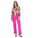 Woman wearing pink co-ord set with floral tie-up crop top and high waist flared pants, stylish casual party outfit for women