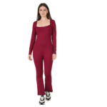 Woman wearing red ribbed co-ord set with square neck full sleeve top and flared pants, stylish casual outfit for women