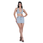 women light blue denim co ord set with crop top and mini skirt trendy two piece outfit front view