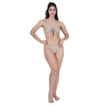 woman posing in beige knotted halter bikini set stylish summer beachwear