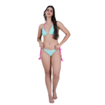 Front full view of sky blue halter bikini set for women with pink tie-up straps, trendy summer beachwear