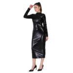 Black glossy bodycon midi dress for women with long sleeves high neck stylish party wear outfit