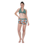 Women’s dark green halter bikini set with floral high-waist shorts, stylish summer beachwear