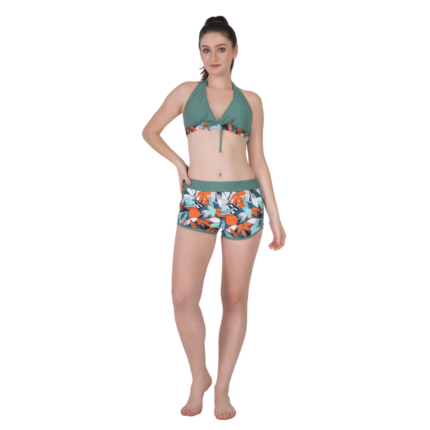 Women’s dark green halter bikini set with floral high-waist shorts, stylish summer beachwear