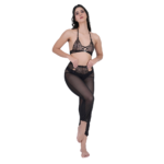 Women’s black lace garter belt lingerie set with mesh sheer pants, stylish two-piece erotic nightwear