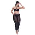 Women’s black halter neck 3-piece bikini set with sheer mesh ruffle pants, stylish beachwear front view
