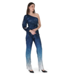 Woman wearing blue one shoulder sequin jumpsuit with ombre design and waist belt, stylish party wear outfit for women