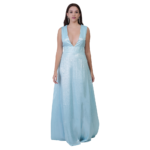 Front view of woman wearing blue maxi evening dress deep V neck elegant long party gown