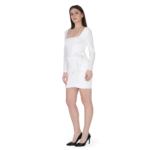 Woman wearing white bodycon wrap mini dress with square neck and full sleeves, stylish party wear outfit for women
