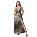 Woman wearing gold shiny deep V-neck evening gown with thigh high slit slim fit party dress side view