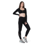 Woman wearing black activewear co-ord set with full sleeve crop top and high waist leggings, stylish gym and workout outfit for women