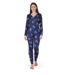 Woman wearing navy blue anchor print night suit set with full sleeves and button front, comfortable cotton sleepwear for women
