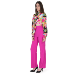 Woman wearing pink co-ord set with floral tie-up crop top and high waist flared pants, stylish casual party outfit for women