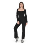 Woman wearing black ribbed co-ord set with square neck full sleeve top and flared pants, stylish casual outfit for women