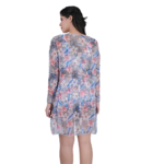 back view of women wearing sheer floral bikini cover up lightweight beachwear over swimsuit
