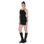 Black ruched bodycon mini dress for women with spaghetti straps