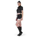 Black glossy co-ord set for women with short sleeve shirt and mini shorts stylish party wear outfit
