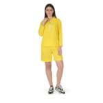 Woman wearing yellow co-ord set with zip neck full sleeve top and matching shorts, stylish casual summer outfit for women