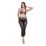 Front view of women’s black lace garter belt lingerie set with mesh detailing, sexy 2-piece nightwear