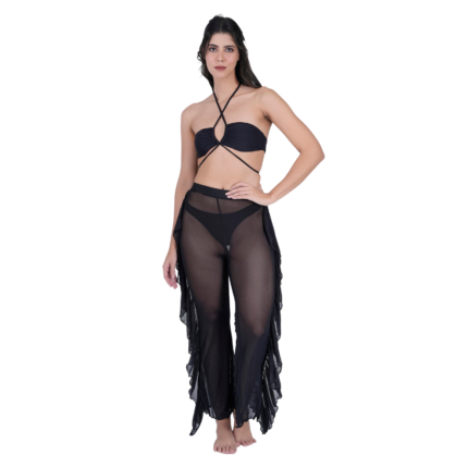 Women’s black halter neck 3-piece bikini set with sheer mesh ruffle pants, stylish beachwear outfit