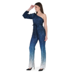 Woman wearing blue one shoulder sequin jumpsuit with ombre design and waist belt, stylish party wear outfit for women