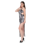 Woman wearing black and white abstract print bodycon maxi dress with spaghetti straps and side slit, stylish party wear outfit for women
