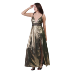 Woman wearing gold shiny deep V-neck sleeveless evening gown with slit elegant long party dress angled side view