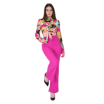 Woman wearing pink co-ord set with floral tie-up crop top and high waist flared pants, stylish casual party outfit for women