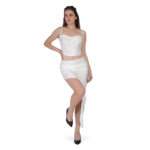 Woman wearing white corset co-ord set with sleeveless crop top and side slit maxi skirt, elegant party wear outfit for women