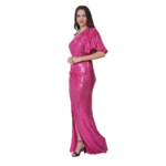 side view of hot pink one shoulder sequin floor length bodycon dress for women with slit design