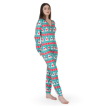 Woman wearing green and white anchor print night suit set with full sleeves and button front, soft cotton comfortable sleepwear for women