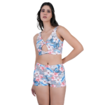 women wearing floral bikini set halter neck top high waist bottom stylish summer beachwear