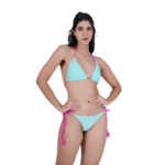 Front view of sky blue halter bikini set for women with pink tie-up straps, stylish summer swimwear
