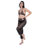 Angled side view of women’s black lace garter belt lingerie set with mesh detailing, sexy 2-piece nightwear