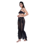 Side view of women’s black halter neck 3-piece bikini set with sheer mesh ruffle pants and tie-up design