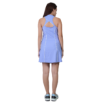 Back view of woman wearing blue tennis dress athletic sportswear for tennis and outdoor activities