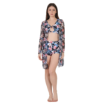 women wearing floral 3 piece bikini set with sheer cover up high waist swimsuit beachwear