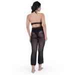 Back view of women’s black lace garter belt lingerie set with sheer mesh pants and lace detailing