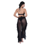 Back view of women’s black halter neck 3-piece bikini set with sheer mesh ruffle pants and tie-back design