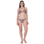 Front view of woman wearing a 3 piece bikini set without skirt, low waist swimwear for beach and summer