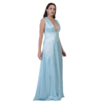 Woman wearing blue deep V-neck maxi evening dress elegant long party gown front view