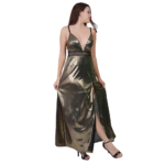 Woman wearing gold shiny deep V-neck sleeveless evening gown with thigh high slit long party dress side pose