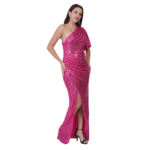 front angled view of hot pink one shoulder sequin floor length bodycon dress with thigh slit for women