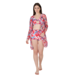 women wearing red floral 3 piece bikini set with sheer cover up high waist swimsuit stylish beachwear