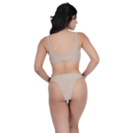 back view of woman wearing beige halter bikini set solid stylish swimwear
