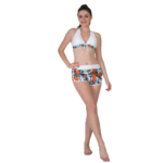 Front view of women’s white halter bikini set with tropical floral printed high-waist shorts, stylish summer beachwear